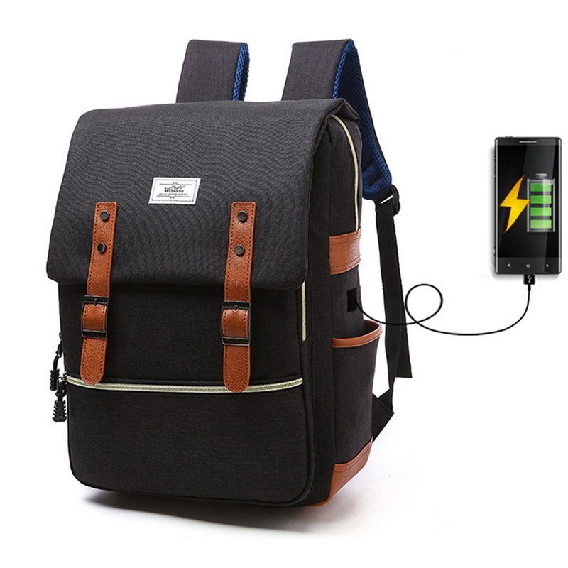 Vintage Canvas Backpack with USB Charging for Travel